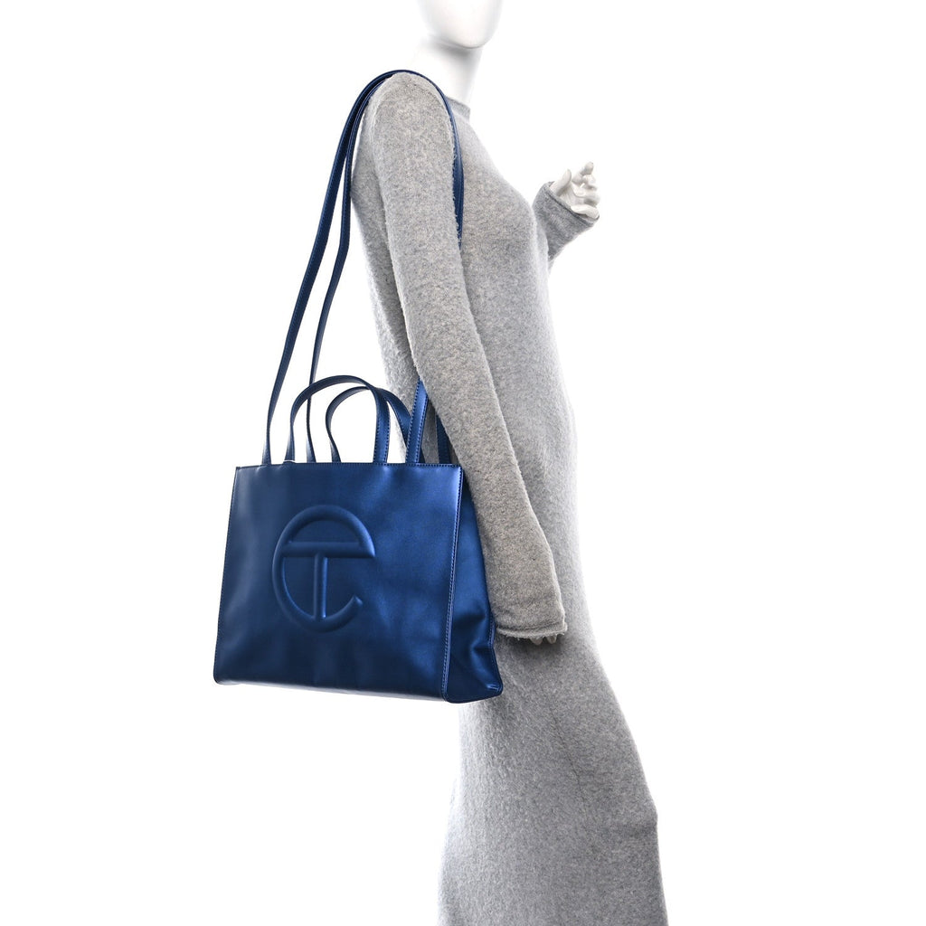 Metallic Vegan Leather Medium Shopping Bag Cobalt