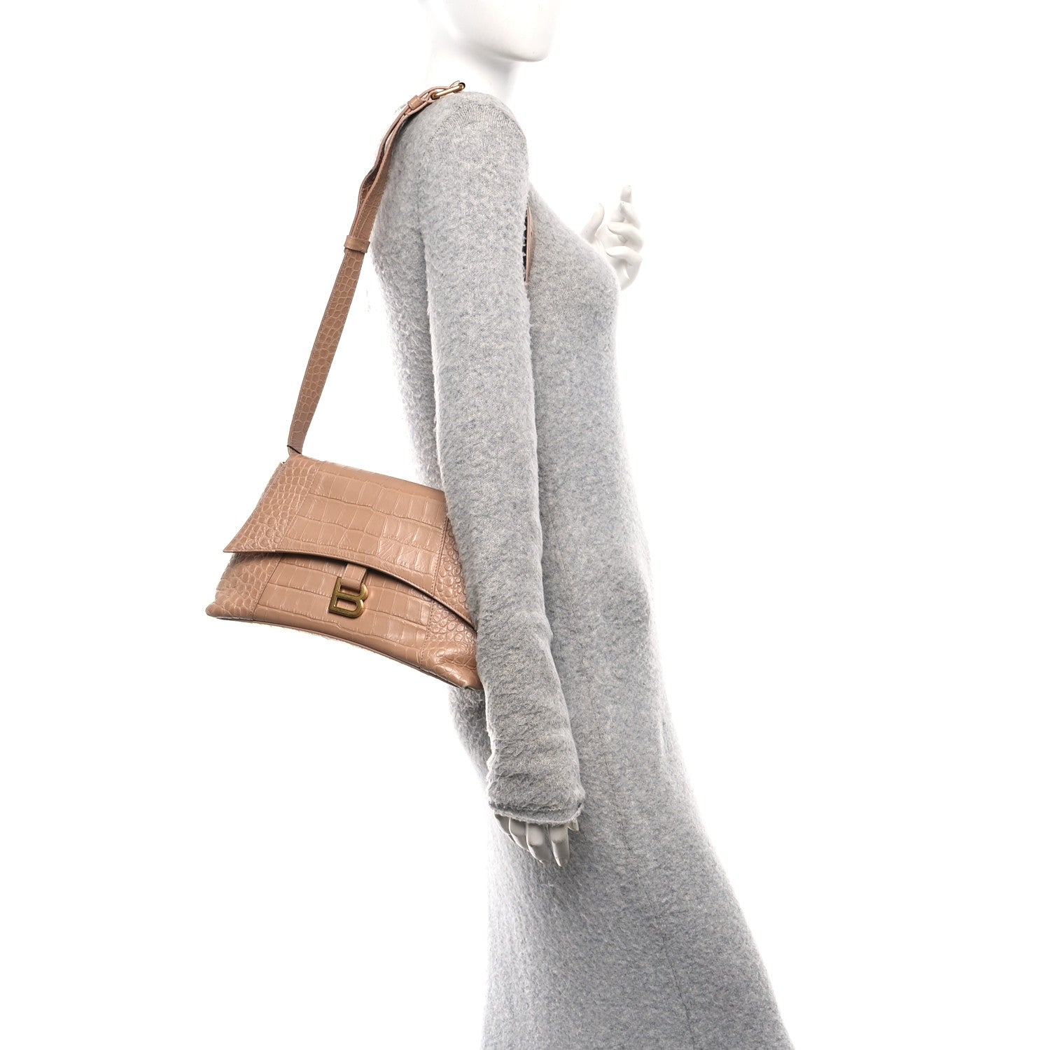 Extra Supple Calfskin Crocodile Embossed Small Downtown Shoulder Bag Nude Beige