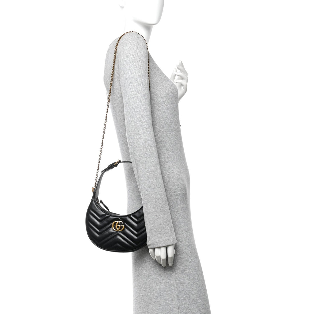 Calfskin Matelasse Chevron Mini GG Marmont Half Moon Hobo Black