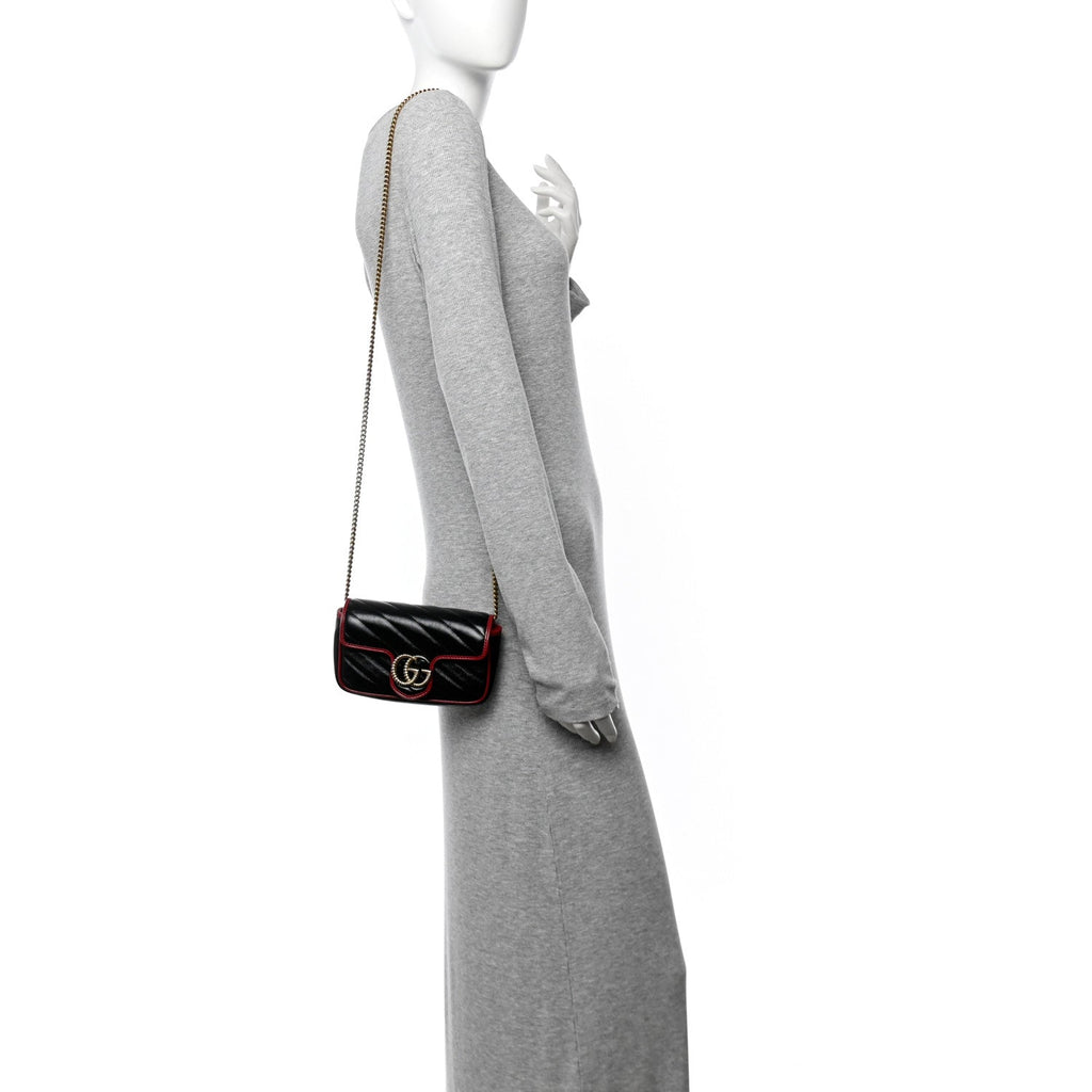 Vintage Effect Calfskin Matelasse Diagonal Super Mini Torchon GG Marmont Shoulder Bag Black Romantic Cherry