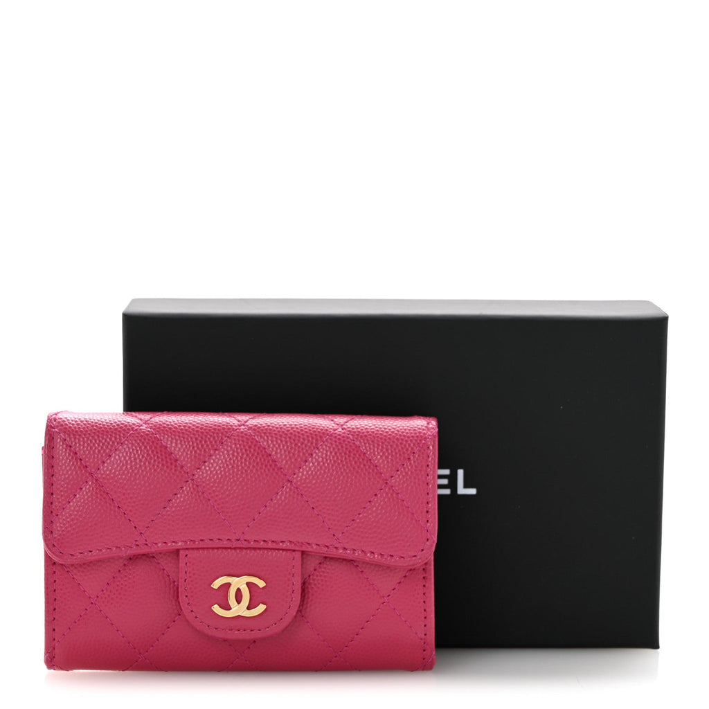 Caviar Quilted Flap  Holder Wallet Dark Pink
