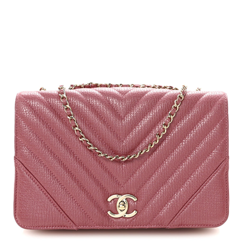 Metallic Calfskin Chevron Quilted Small Statement Flap Pink