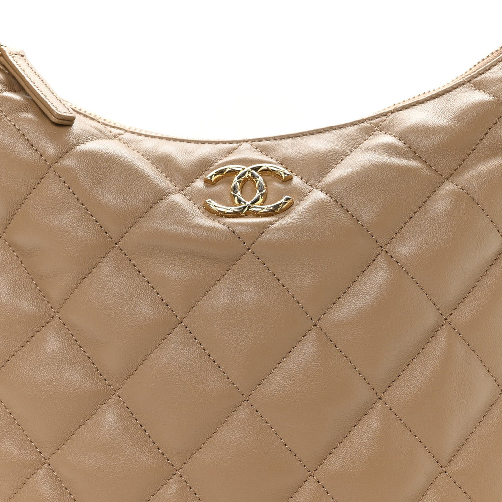 Lambskin Quilted Hobo Beige