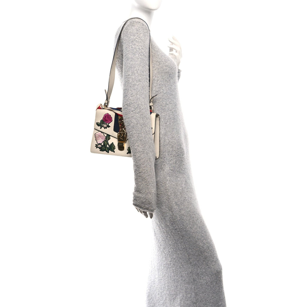 Calfskin Embroidered Small Sylvie Shoulder Bag White