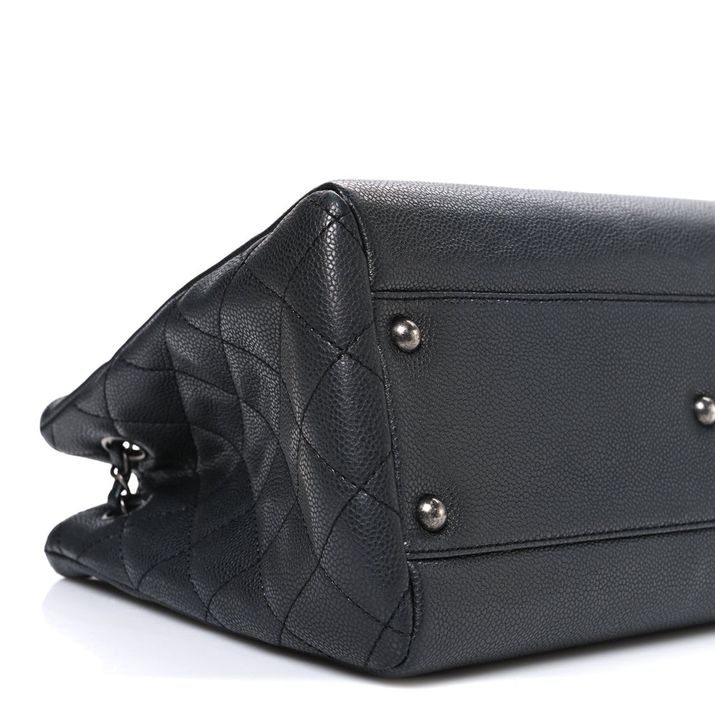 Metallic Grained Calfskin Medium Woven Chain Shopping Bag Black