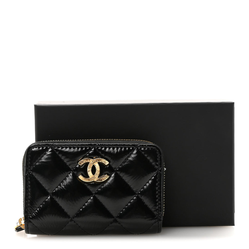 Shiny Lambskin Quilted Textured CC Zip Coin Purse Black