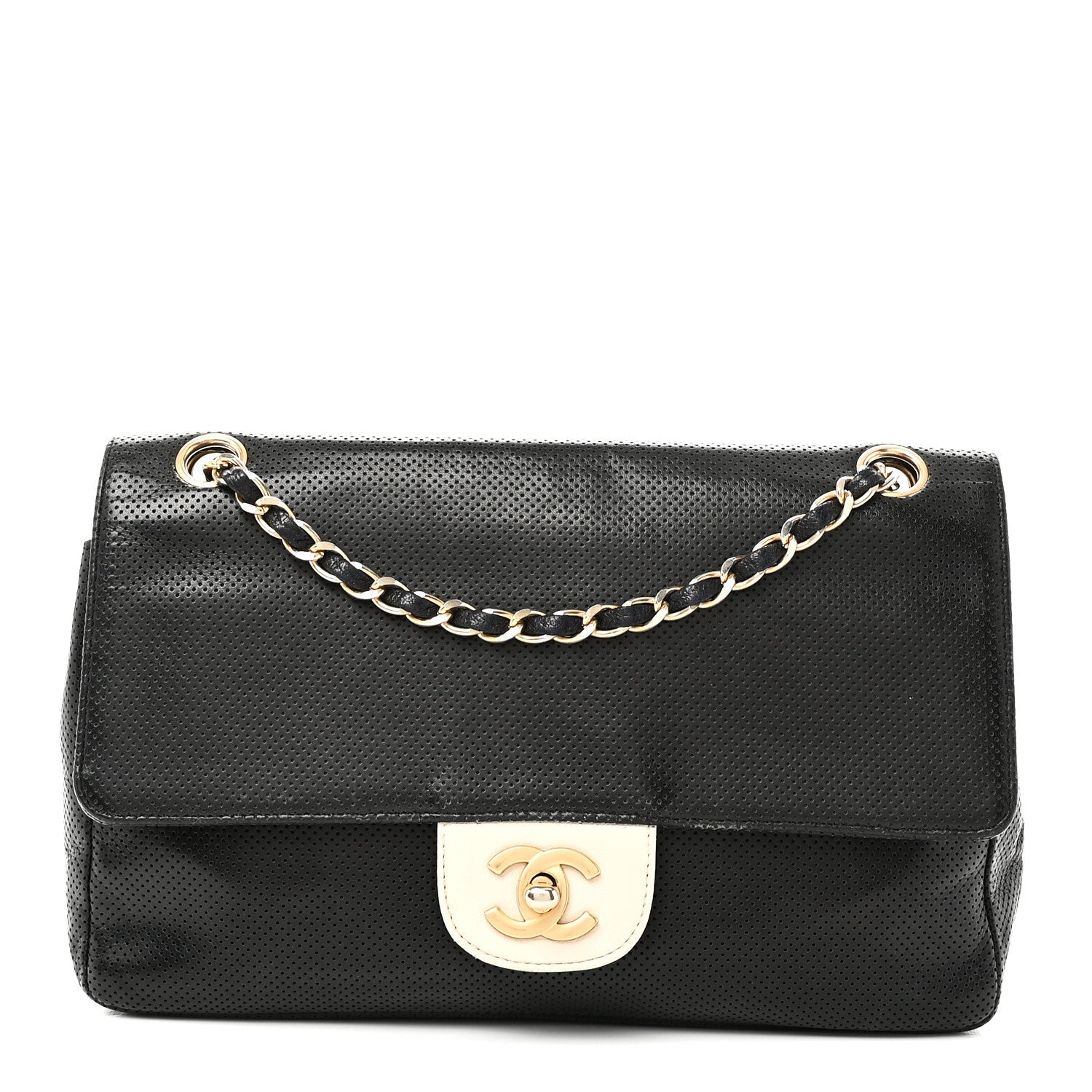 Lambskin Perforated Medium Single Flap Bag Black White