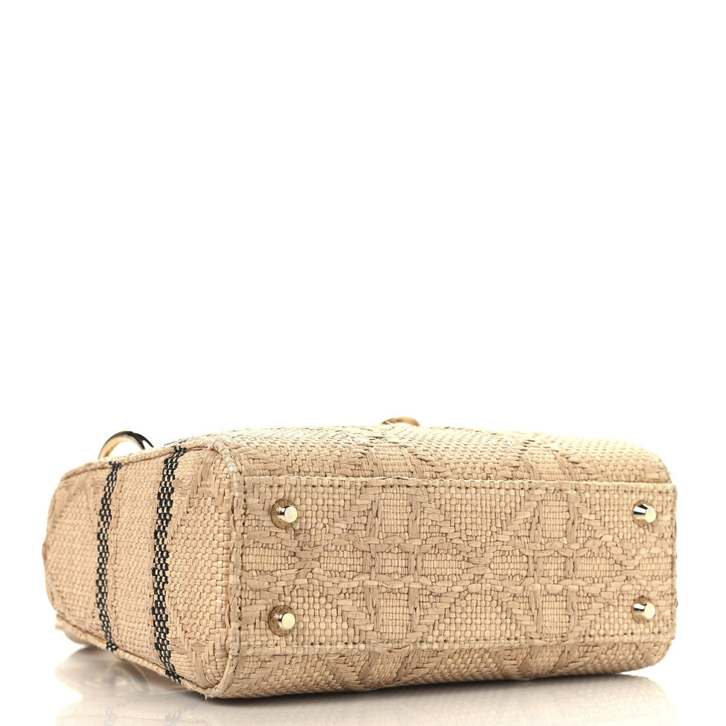 Raffia Woven Cannage Embroidered Mini Lady D-Lite Natural Black