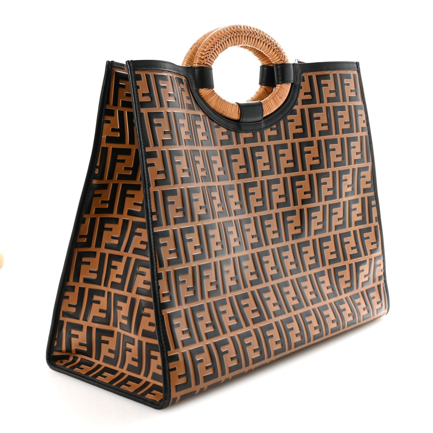 Vitello Century Wicker FF Embossed Large Runaway Shopper Tote Tobacco Black