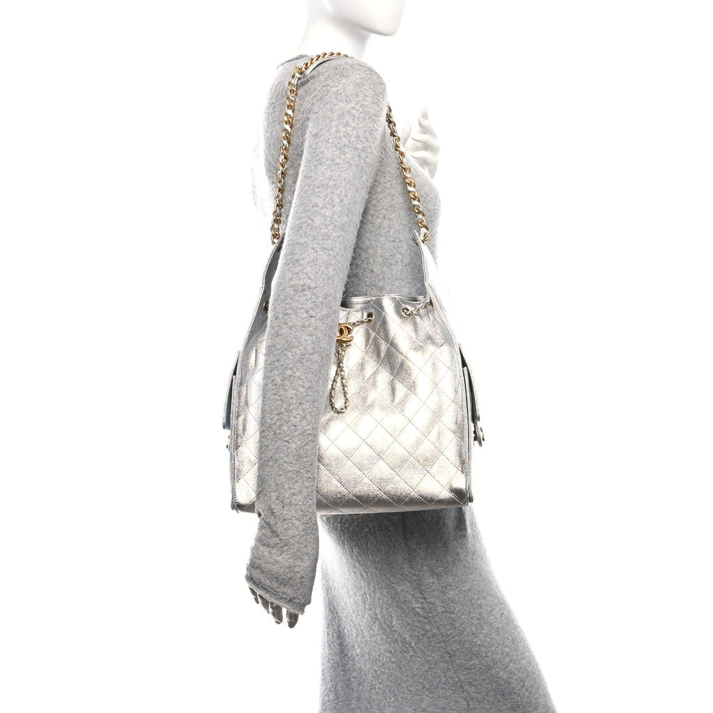 Metallic Caviar Quilted Medium Chanel 25 Handbag Silver