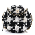 Tweed Quilted Round Clutch With Chain Black Ecru White