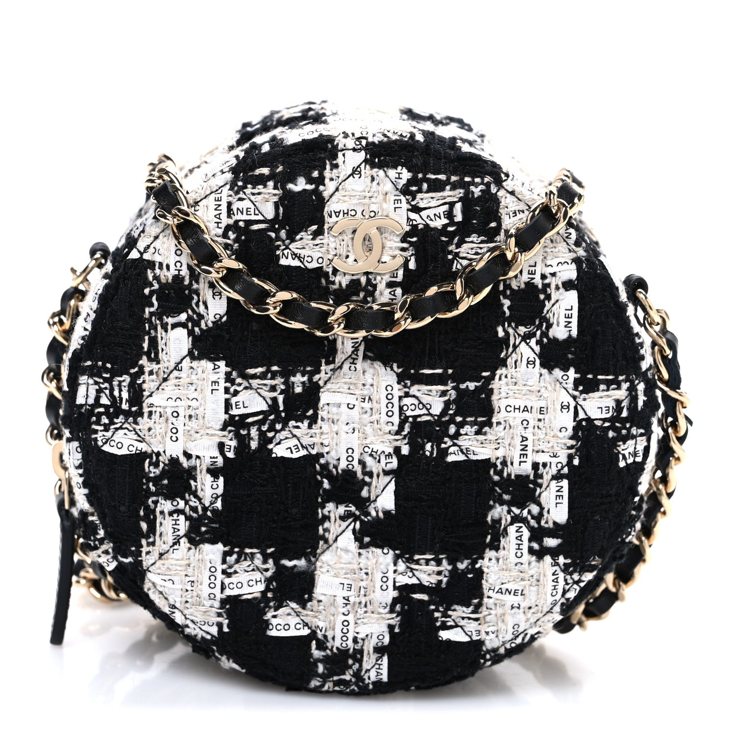 Tweed Quilted Round Clutch With Chain Black Ecru White