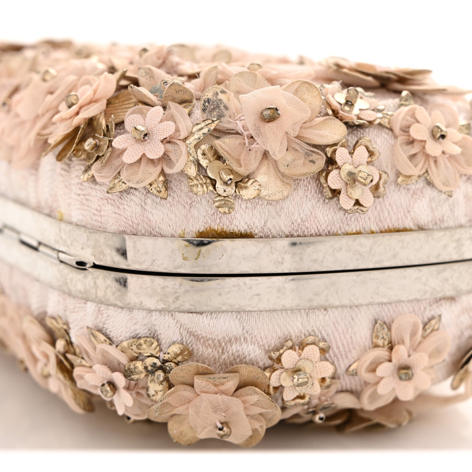 Flower Appliqued Silk Brocade Skull Box Clutch Light Pink