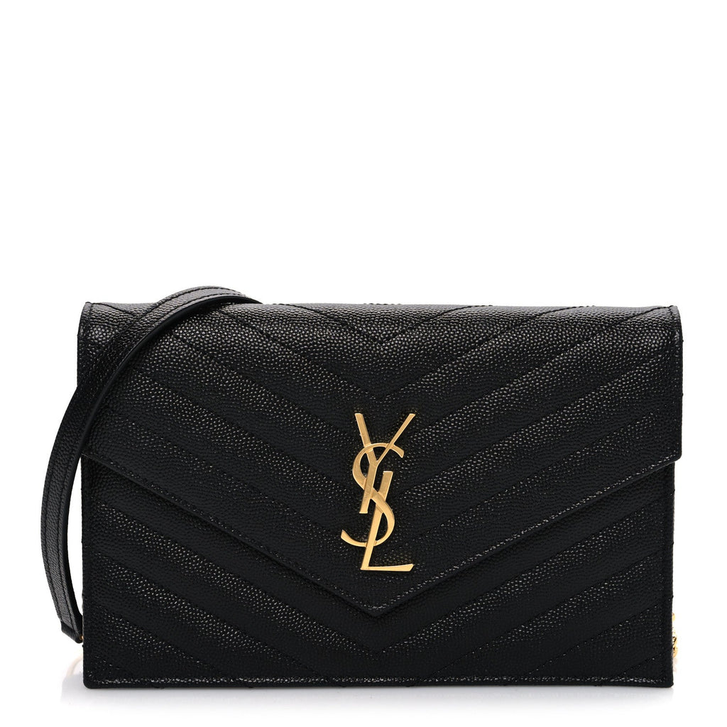 Grain De Poudre Matelasse Chevron Monogram Envelope Chain Wallet Black