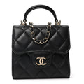 Lambskin Quilted Top Handle Flap Clutch With Chain Black