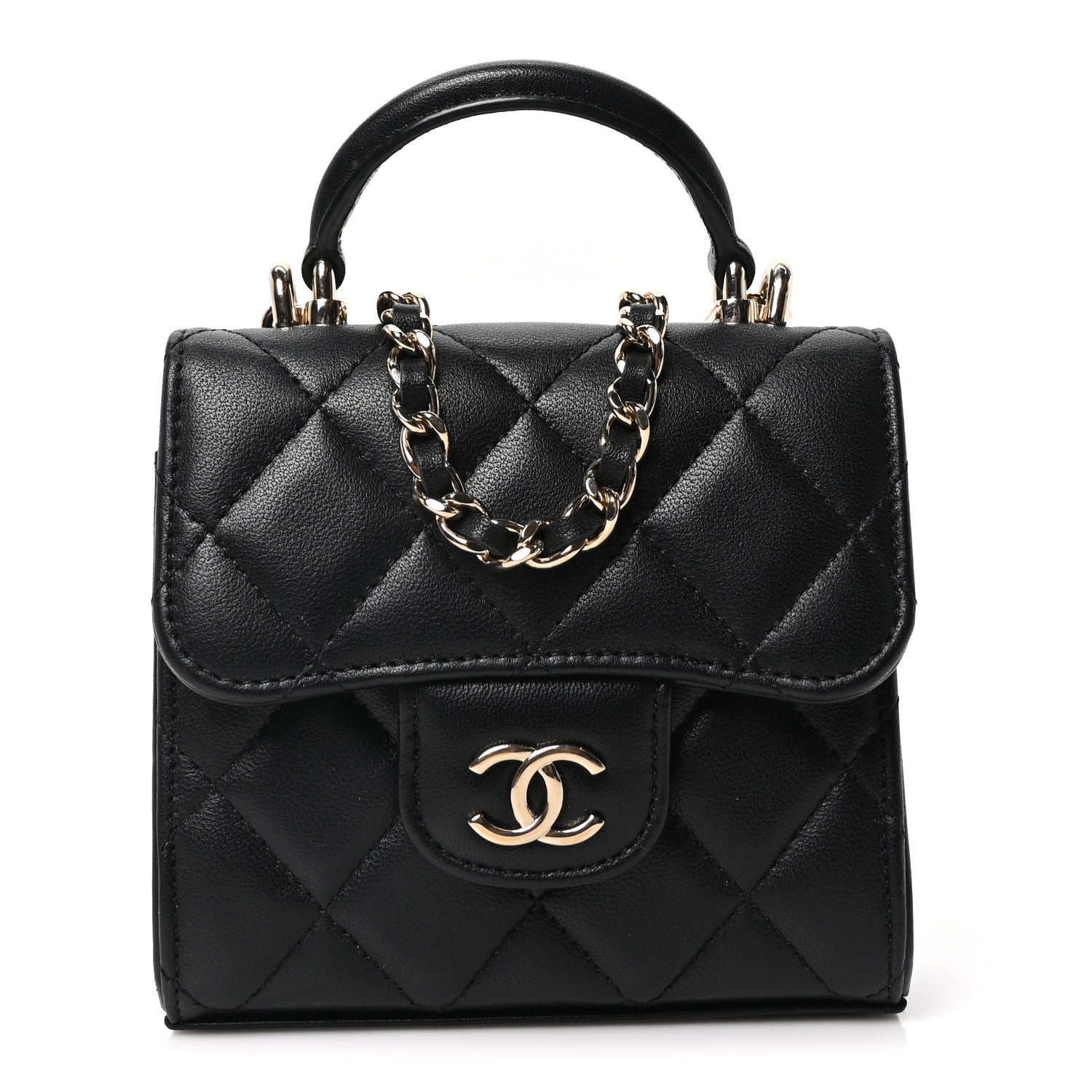 Lambskin Quilted Top Handle Flap Clutch With Chain Black