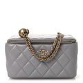 Lambskin Quilted Small Pearl Crush Vanity Case With Chain Grey