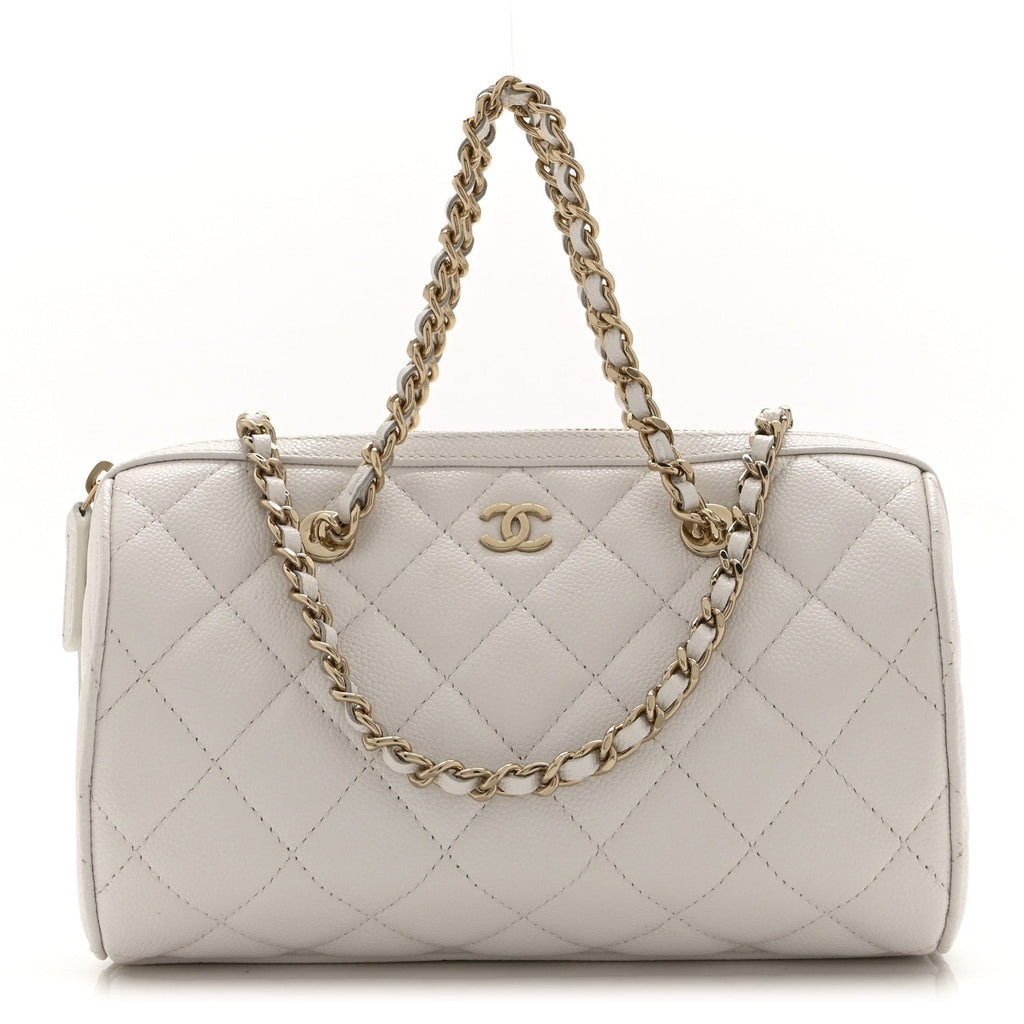 Caviar Quilted Barrel Clutch With Chain White