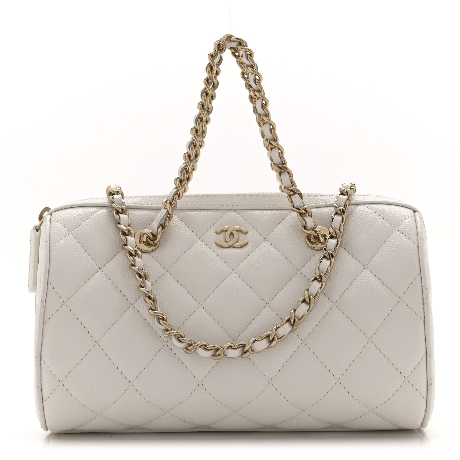 Caviar Quilted Barrel Clutch With Chain White