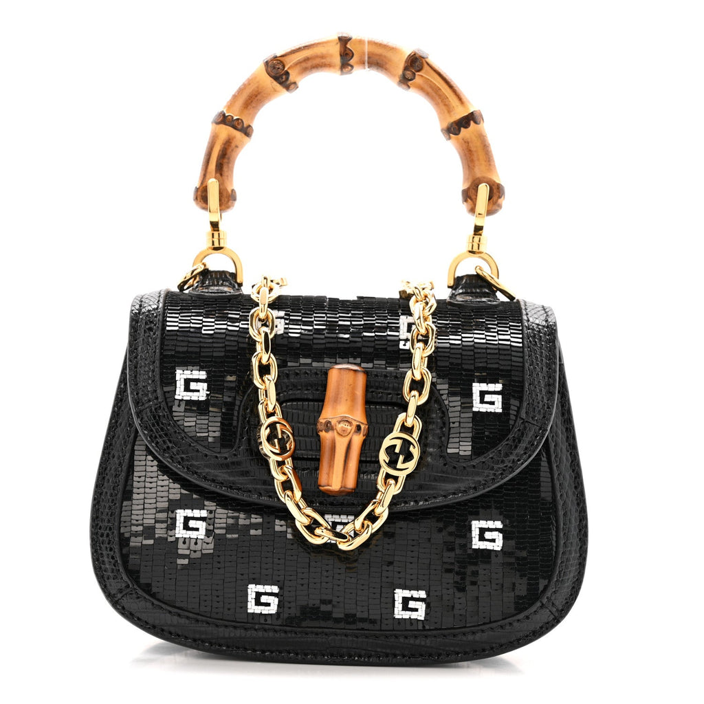Sequin Lizard Embossed GG Mini Bamboo 1947 Top Handle Chain Bag Black White