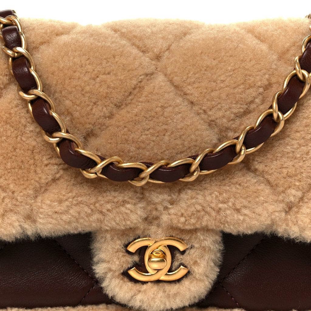 Shearling Lambskin Quilted Mini Furry Coco Flap Beige Dark Brown