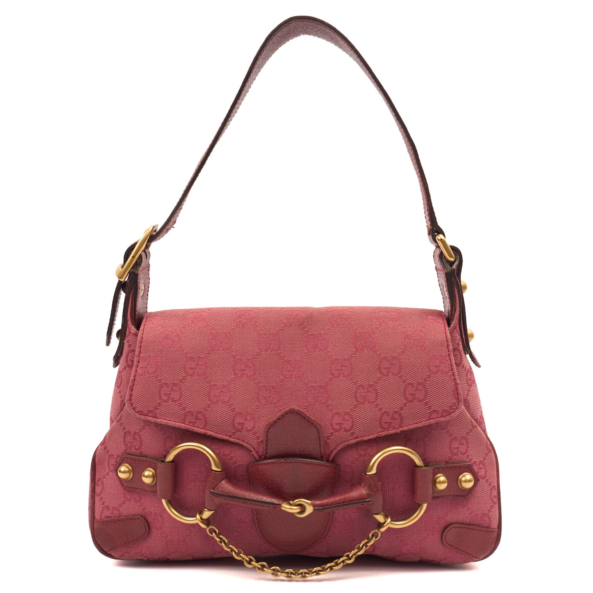 Gucci Shoulder Bag Horsebit Chain Shoulder Bag in Pink, GG Canvas