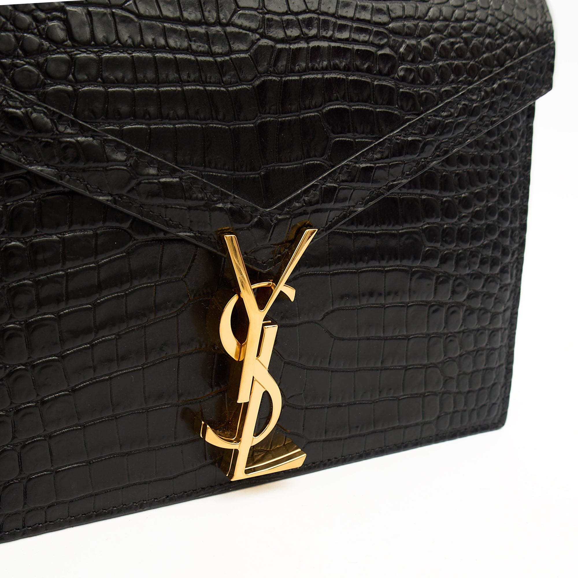 Saint Laurent Shoulder Bag Cassandre Chain Flap Bag in Black, Exotic Effect Leather