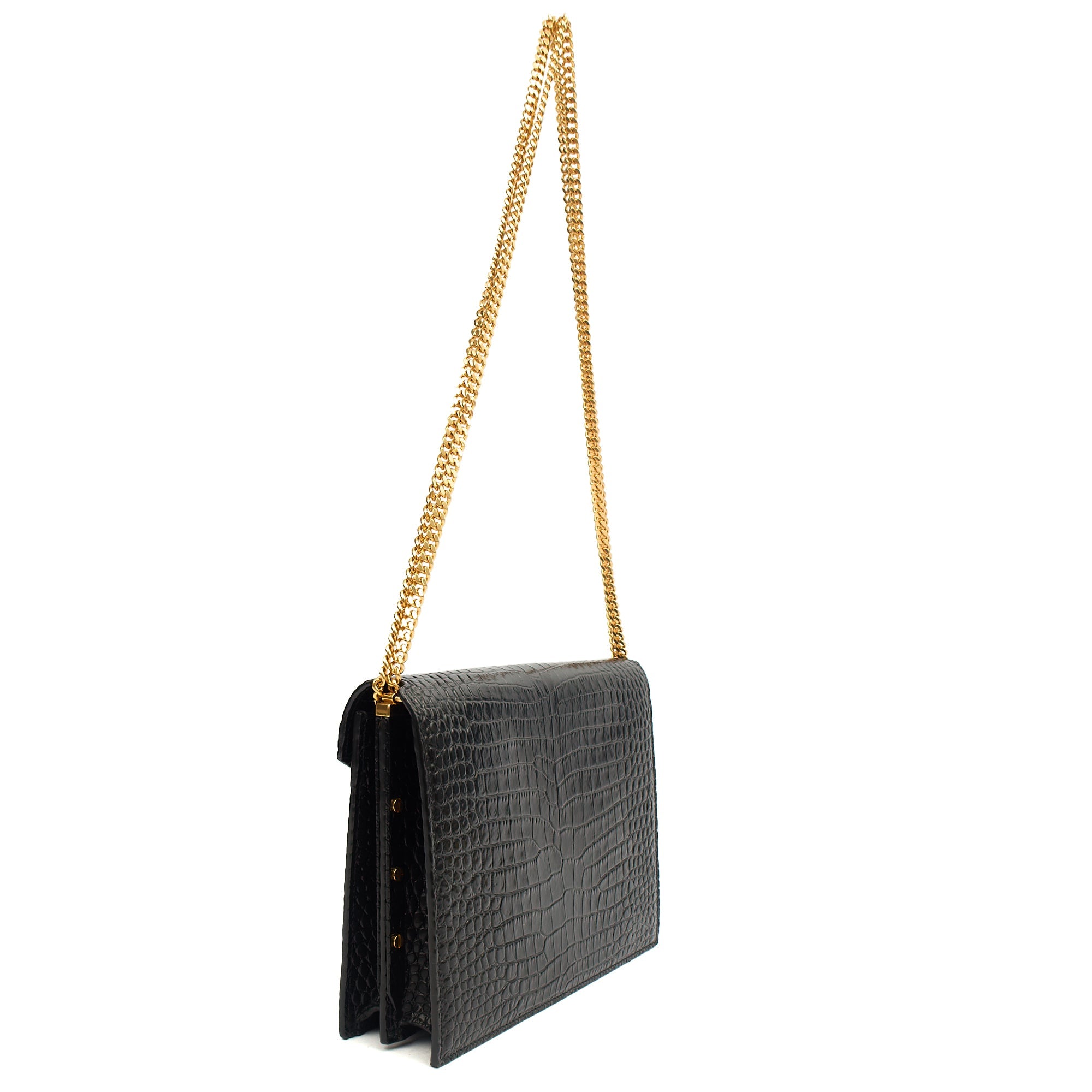 Saint Laurent Shoulder Bag Cassandre Chain Flap Bag in Black, Exotic Effect Leather