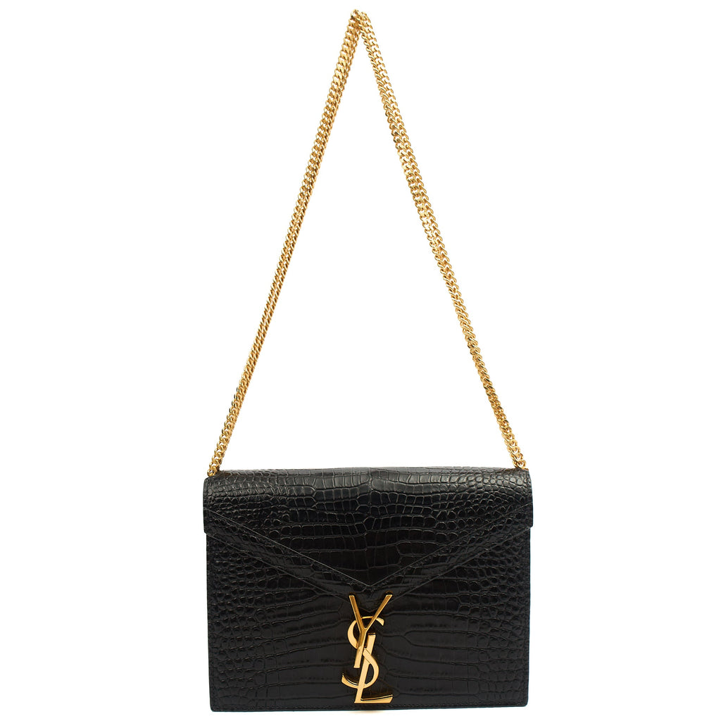 Saint Laurent Shoulder Bag Cassandre Chain Flap Bag in Black, Exotic Effect Leather