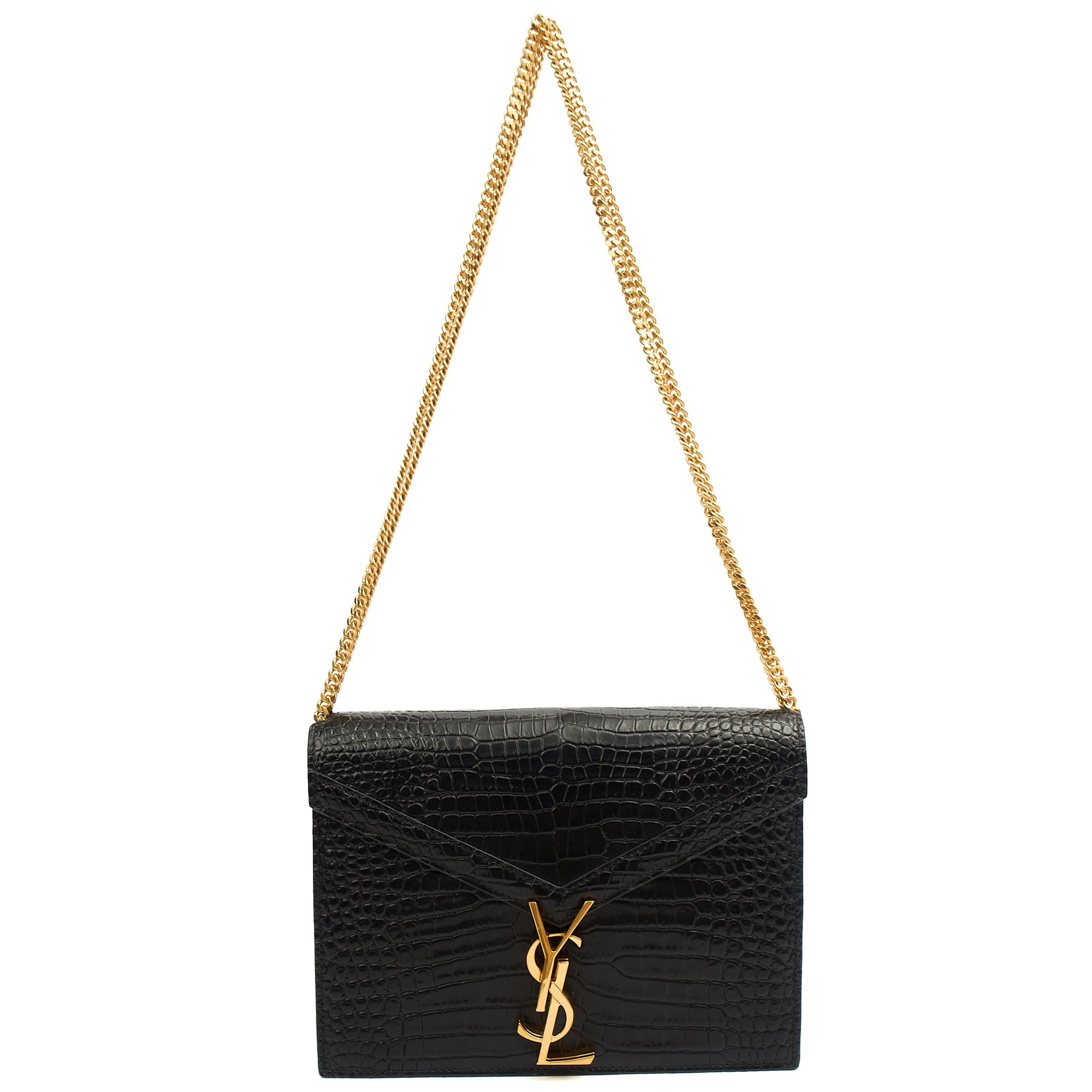 Saint Laurent Shoulder Bag Cassandre Chain Flap Bag in Black, Exotic Effect Leather