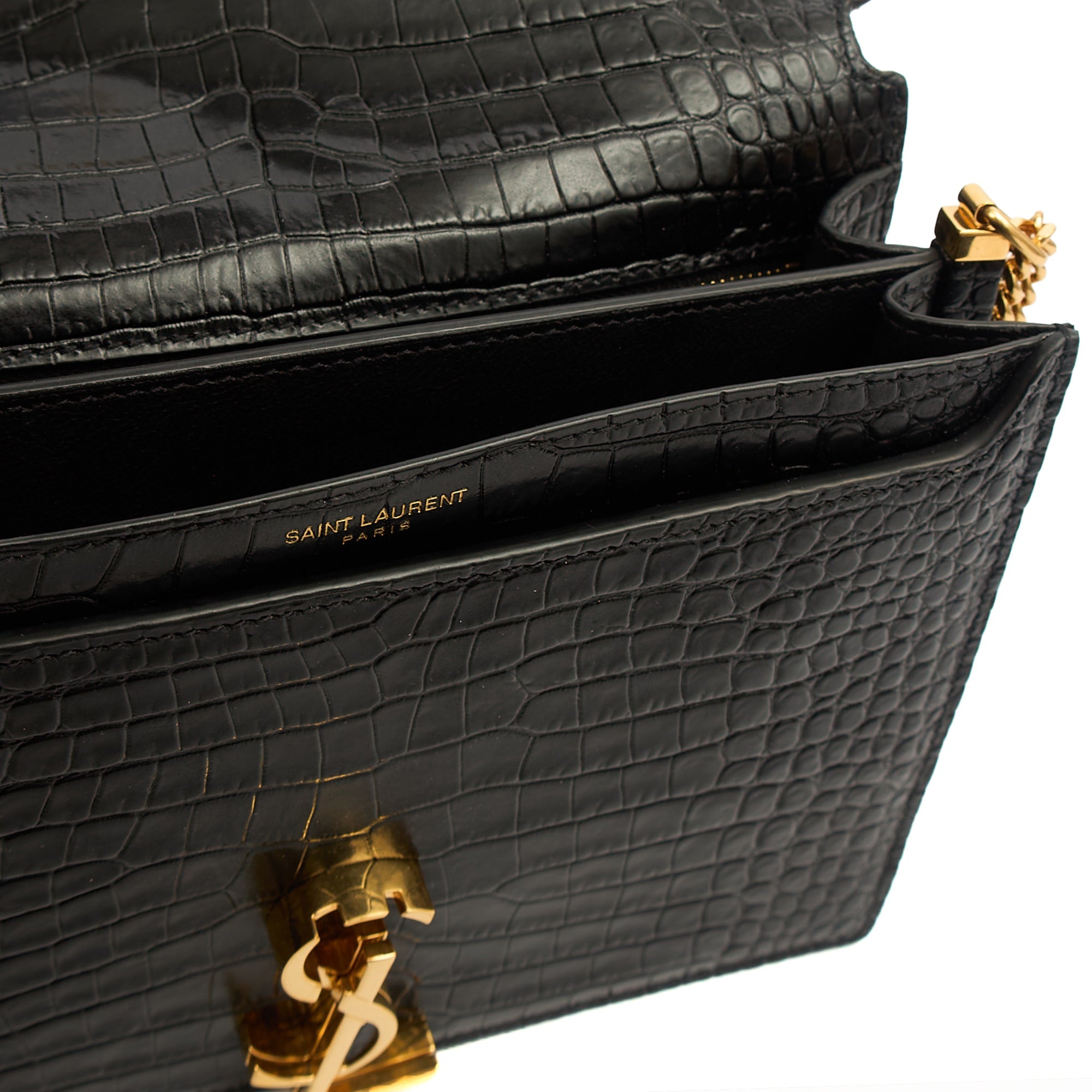 Saint Laurent Shoulder Bag Cassandre Chain Flap Bag in Black, Exotic Effect Leather