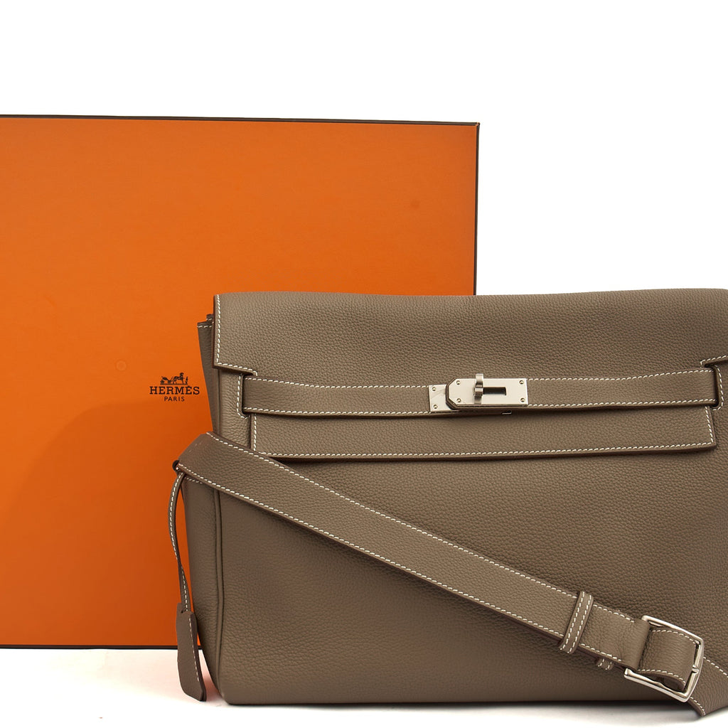 Hermes Cross Body Kelly Messenger in Etoupe, Togo Leather