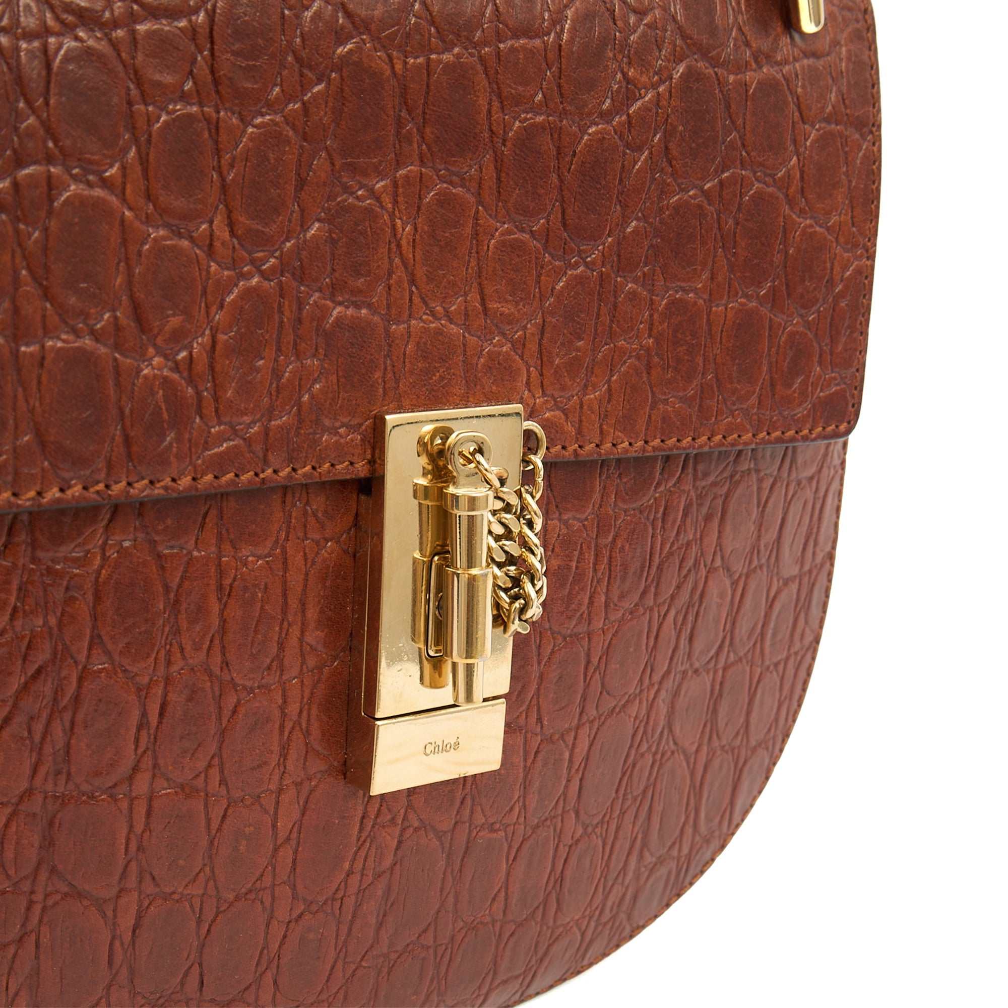 Chloe Cross Body Drew Small Shoulder Bag in Brown, Embossed Croco Calfskin