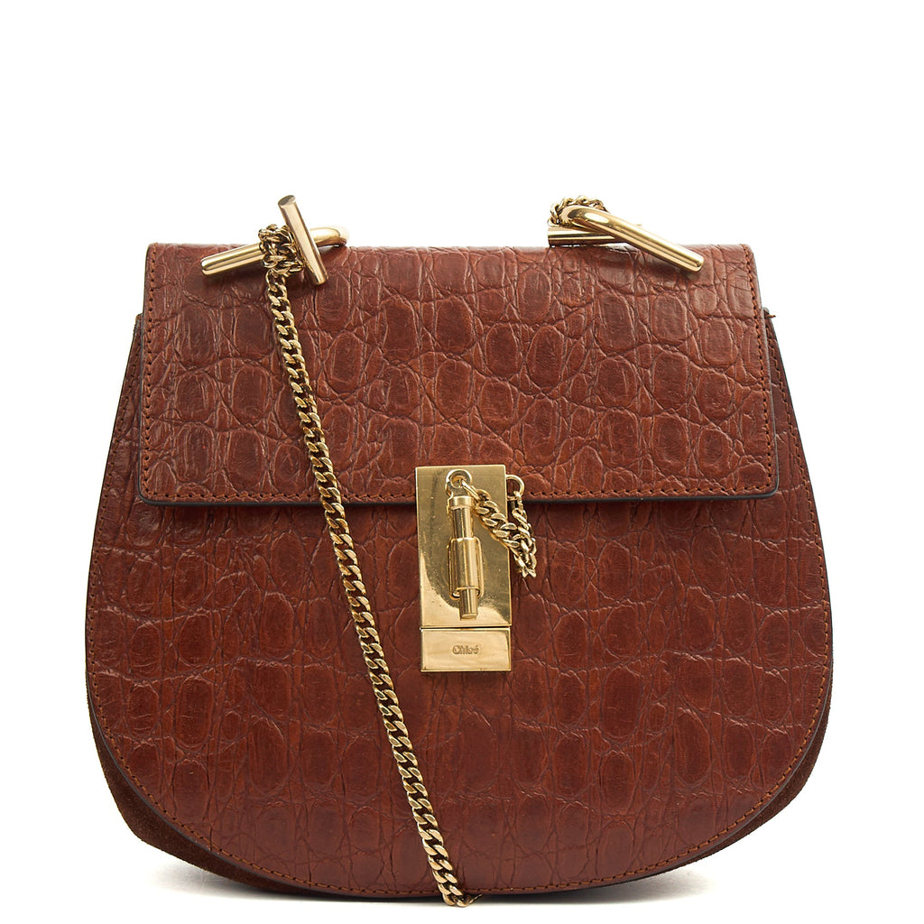 Chloe Cross Body Drew Small Shoulder Bag in Brown, Embossed Croco Calfskin