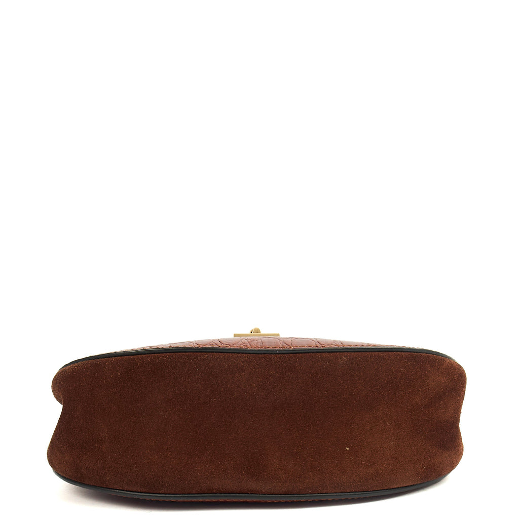 Chloe Cross Body Drew Small Shoulder Bag in Brown, Embossed Croco Calfskin