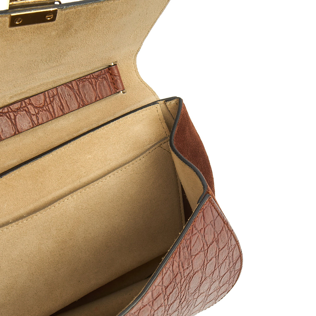 Chloe Cross Body Drew Small Shoulder Bag in Brown, Embossed Croco Calfskin