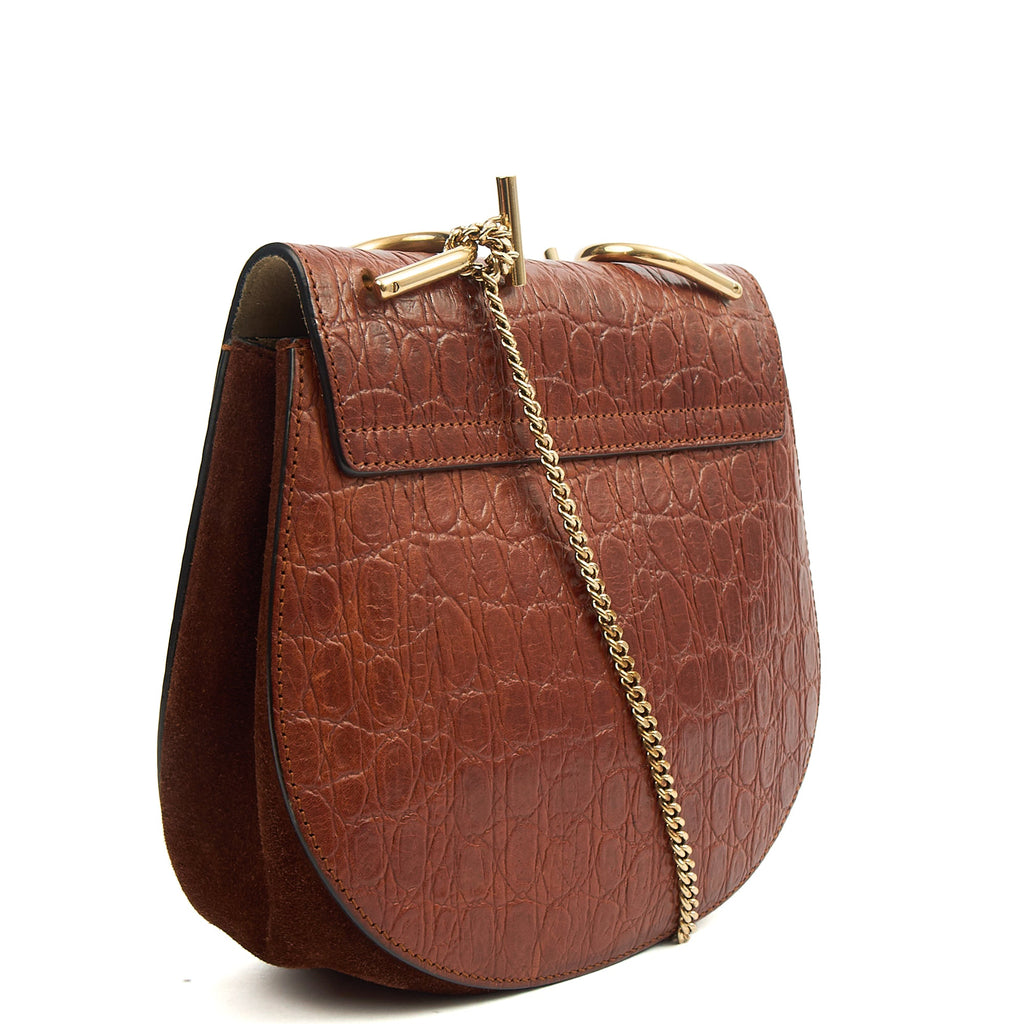 Chloe Cross Body Drew Small Shoulder Bag in Brown, Embossed Croco Calfskin