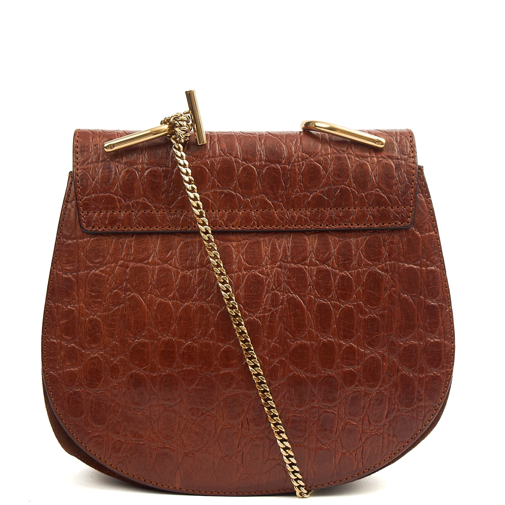 Chloe Cross Body Drew Small Shoulder Bag in Brown, Embossed Croco Calfskin
