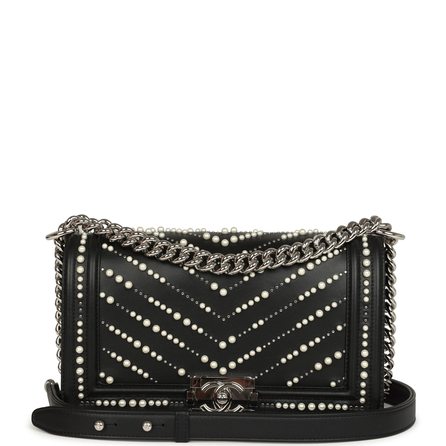 Chanel Medium Boy Bag Black Pearl Chevron Calfskin Silver Hardware
