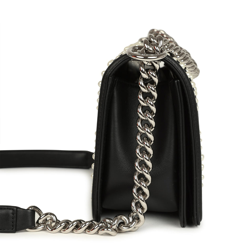 Chanel Medium Boy Bag Black Pearl Chevron Calfskin Silver Hardware
