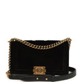 Pre-owned Chanel Medium Boy Bag Black Chevron Velvet Antique Gold Hardware
