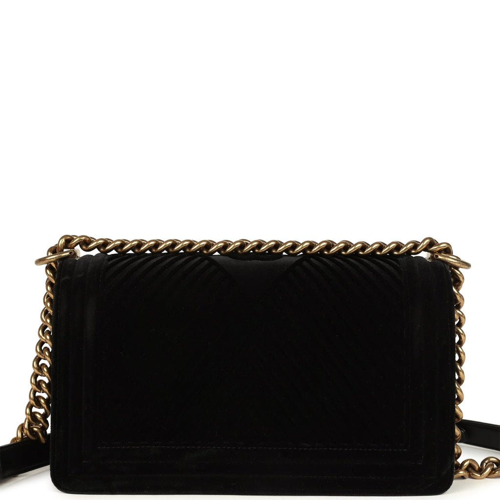 Pre-owned Chanel Medium Boy Bag Black Chevron Velvet Antique Gold Hardware