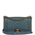 Pre-owned Chanel Medium Chevron Boy Bag Blue Caviar Light Gold Hardware