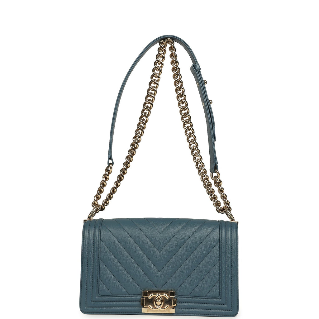 Pre-owned Chanel Medium Chevron Boy Bag Blue Caviar Light Gold Hardware