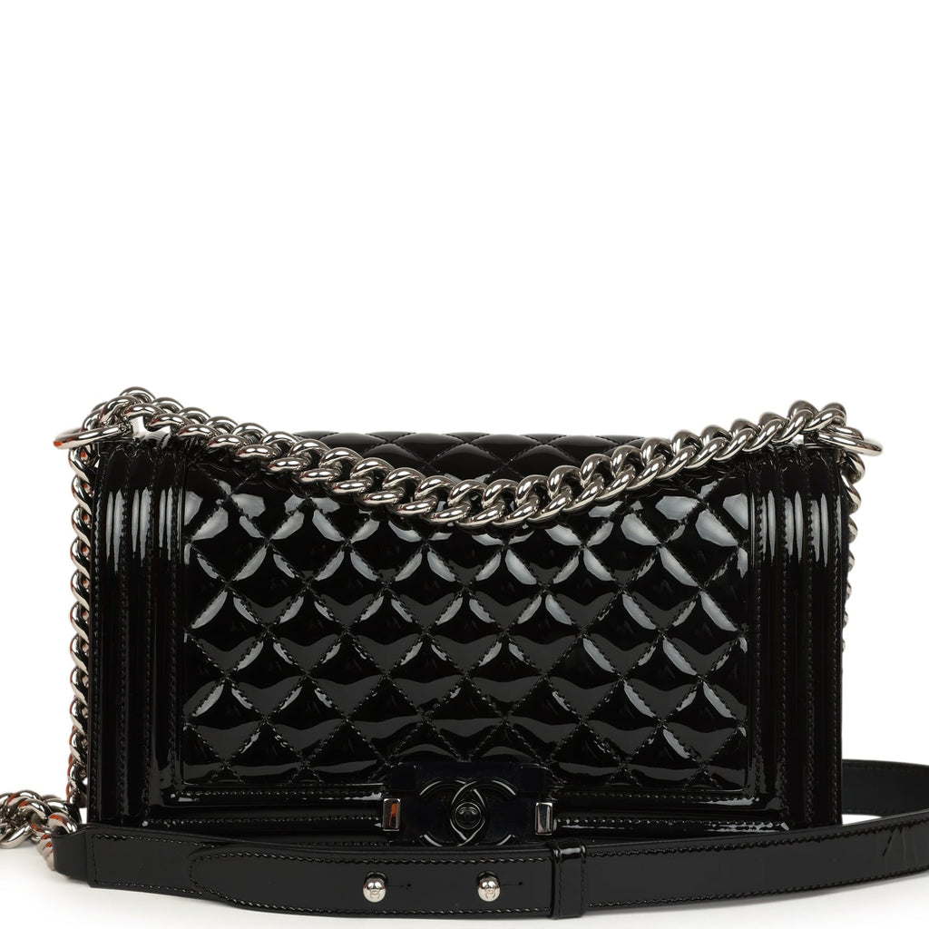 Pre-owned Chanel Medium Boy Bag Black Patent Silver Hardware