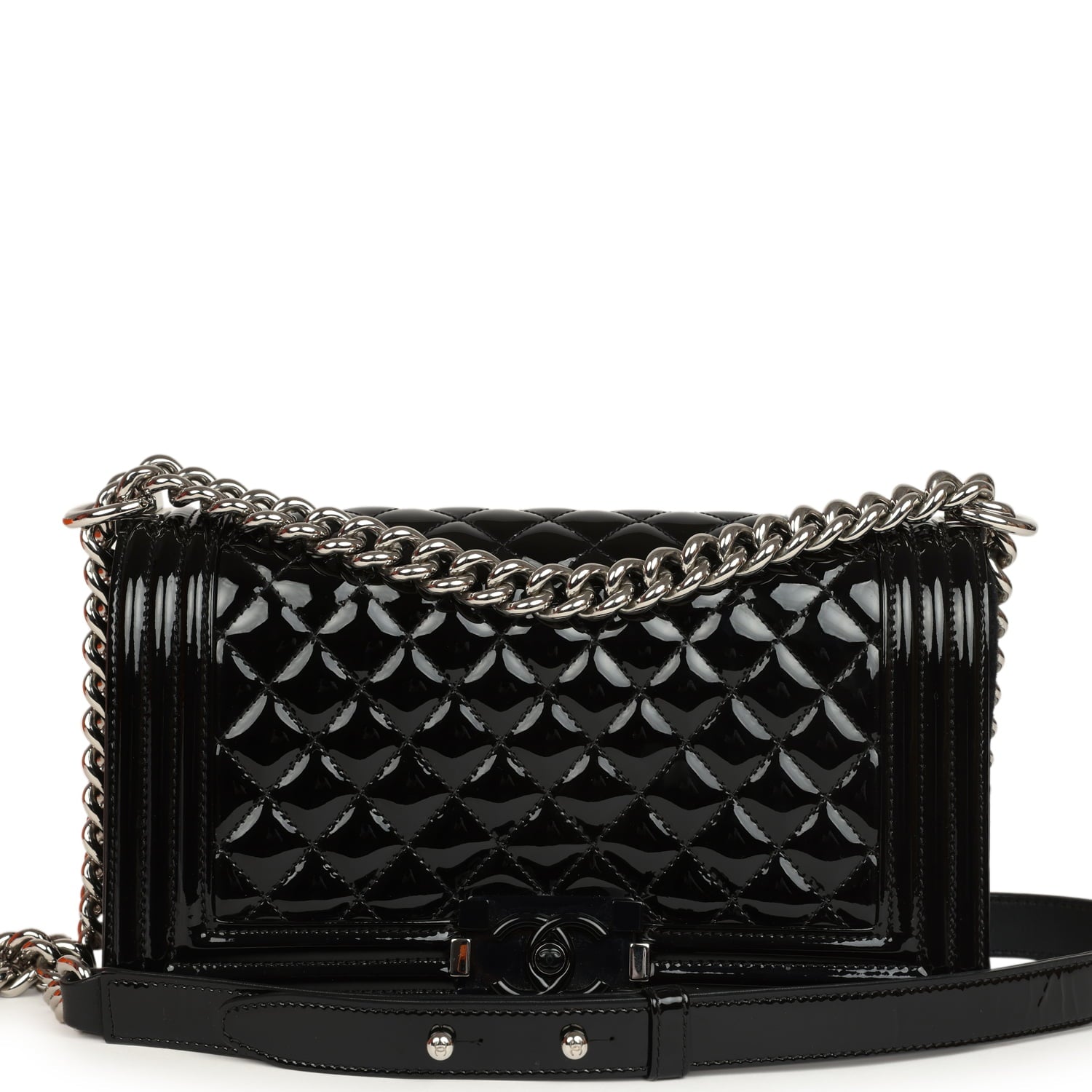Pre-owned Chanel Medium Boy Bag Black Patent Silver Hardware