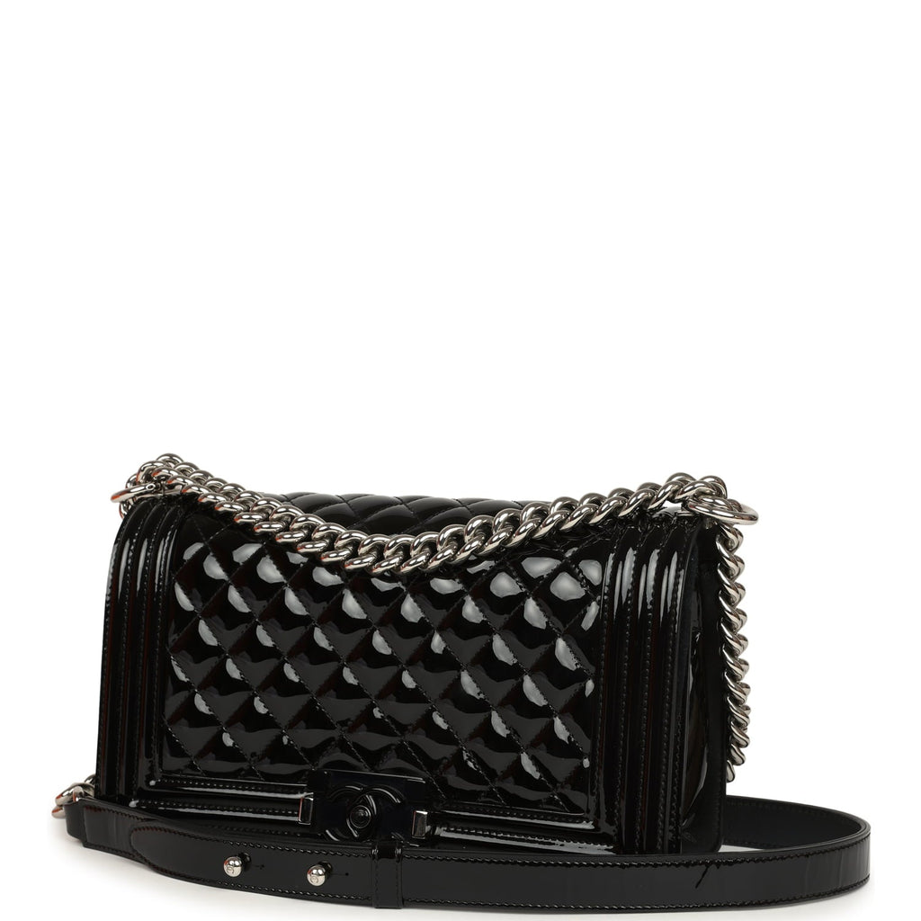Pre-owned Chanel Medium Boy Bag Black Patent Silver Hardware