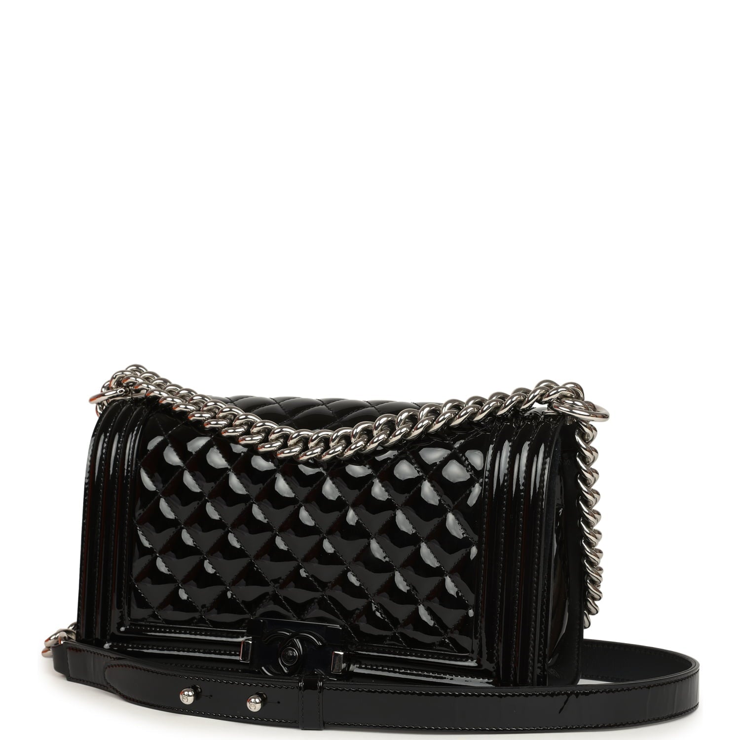 Pre-owned Chanel Medium Boy Bag Black Patent Silver Hardware