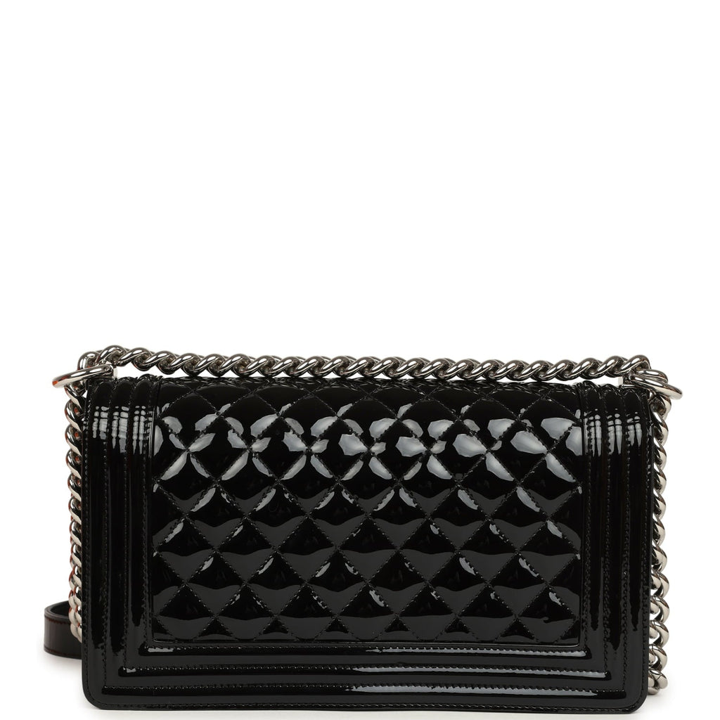 Pre-owned Chanel Medium Boy Bag Black Patent Silver Hardware