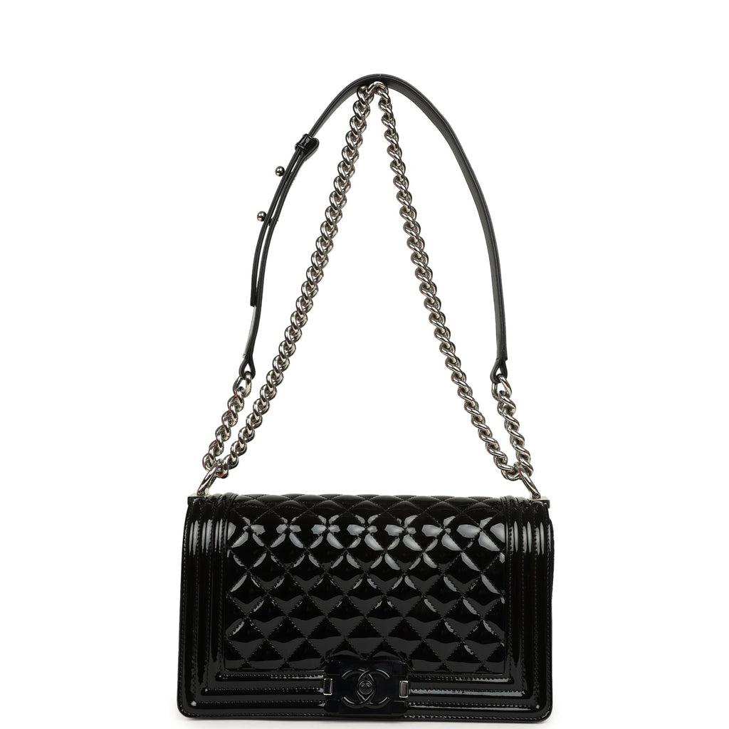 Pre-owned Chanel Medium Boy Bag Black Patent Silver Hardware